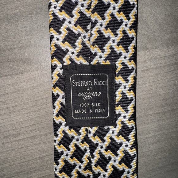 Vintage Stefano Ricci 100% Silk Tie Geometric Black Gold Italy Textured Weave - Picture 2 of 11